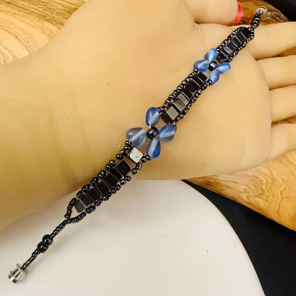 Hematite Sead Bead Bracelet Strand Silver Blue Tone Barrel Clasp 7.5